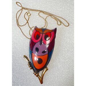 Eisenberg 3" Owl Pendant 1/20 14kt Gold Ball Chain 24"  Purple Teal Pink 26.4g
